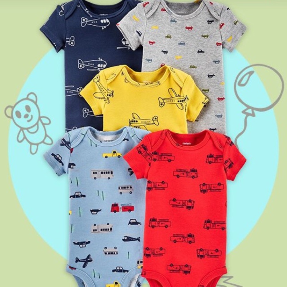 Carter’s 5-pack Baby Bodysuit Onesies with Vehicle Prints Size 3 months